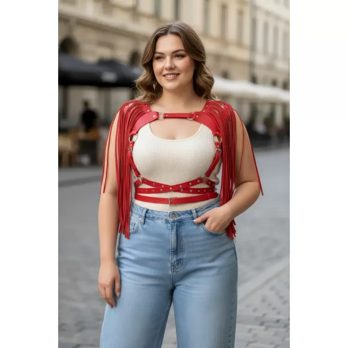Büyük Beden Kırmızı Kadın Kemer Püsküllü Deri Harness Vücut Aksesuarı - APFT999