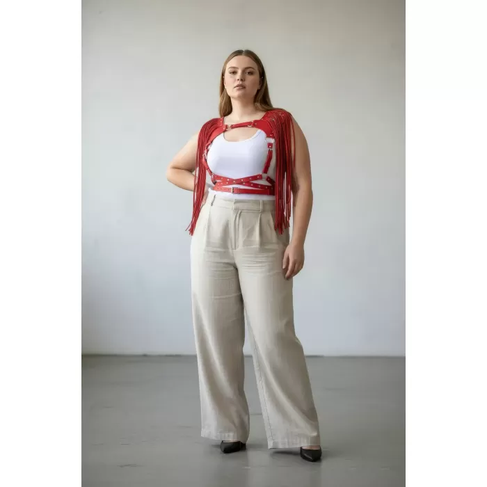 Büyük Beden Kırmızı Kadın Kemer Püsküllü Deri Harness Vücut Aksesuarı - APFT999