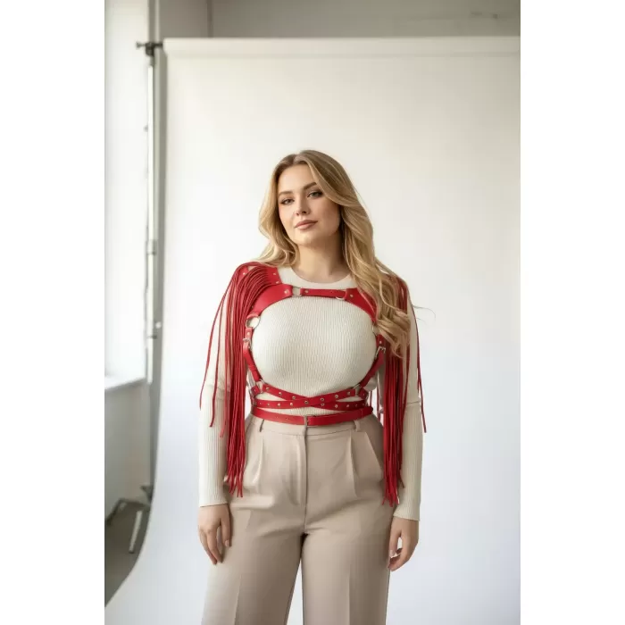 Büyük Beden Kırmızı Kadın Kemer Püsküllü Deri Harness Vücut Aksesuarı - APFT999