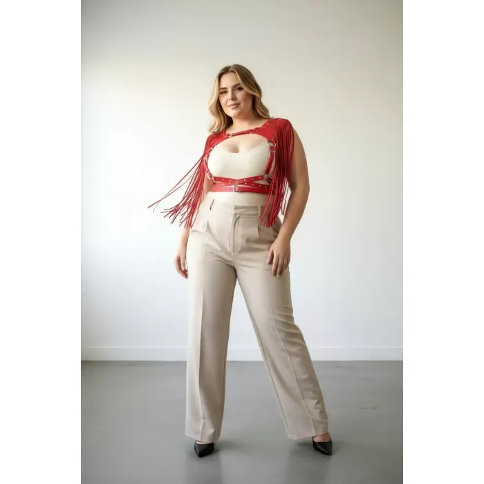 Büyük Beden Kırmızı Kadın Kemer Püsküllü Deri Harness Vücut Aksesuarı - APFT999