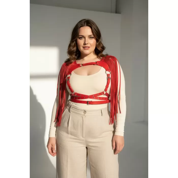 Büyük Beden Kırmızı Kadın Kemer Püsküllü Deri Harness Vücut Aksesuarı - APFT999