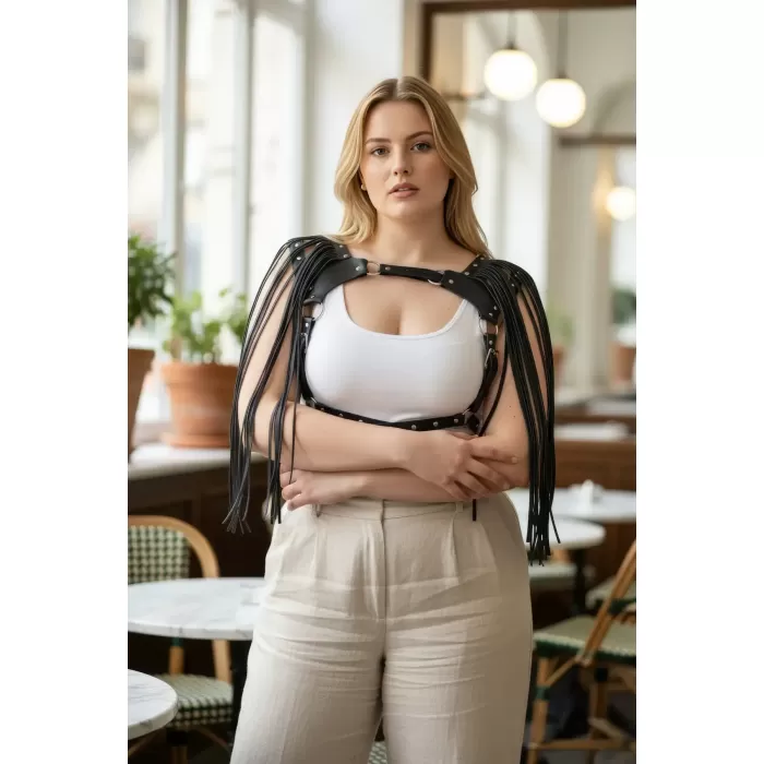 Büyük Beden Siyah Kadın Kemer Püskül Detaylı Deri Vücut Aksesuarı - APFT999