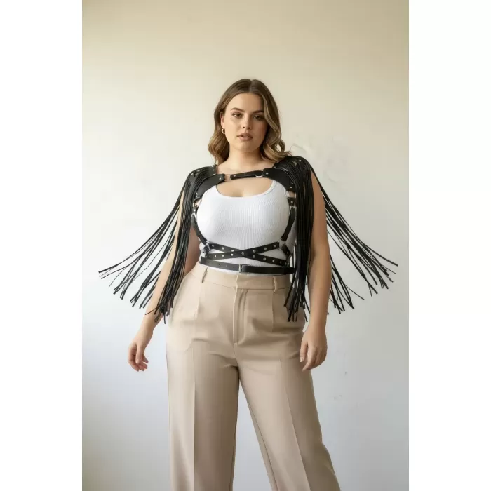 Büyük Beden Siyah Kadın Kemer Püskül Detaylı Deri Vücut Aksesuarı - APFT999