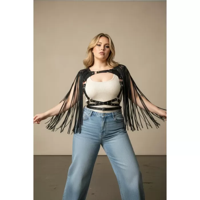 Büyük Beden Siyah Kadın Kemer Püskül Detaylı Deri Vücut Aksesuarı - APFT999