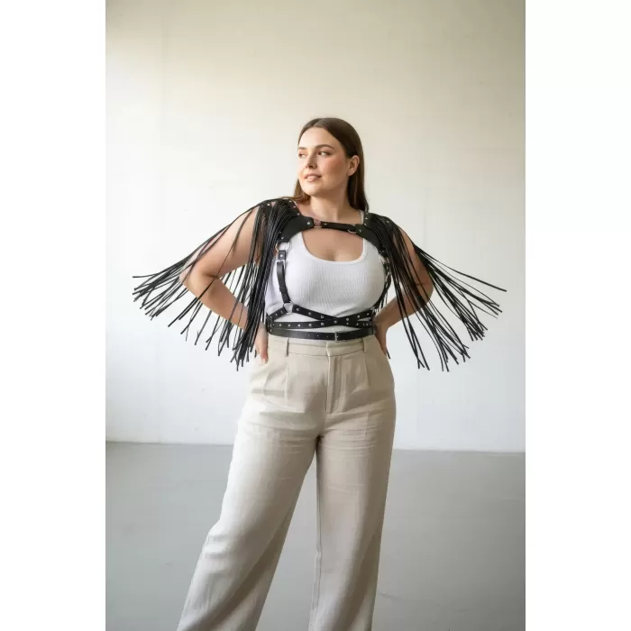 Büyük Beden Siyah Kadın Kemer Püskül Detaylı Deri Vücut Aksesuarı - APFT999