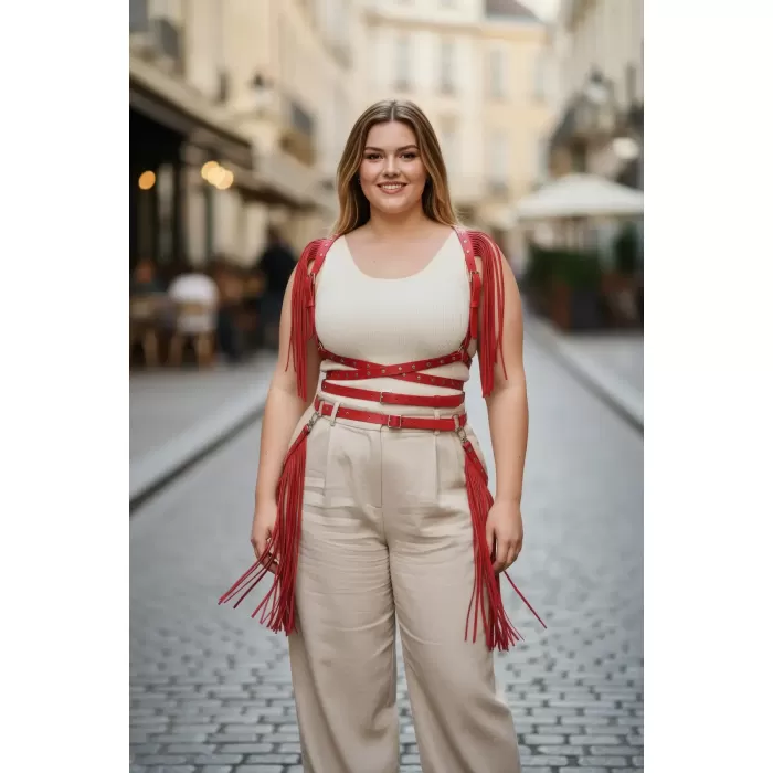 Büyük Beden Kırmızı Kadın Kemer Püskül Detaylı Deri Vücut Aksesuarı - APFT1005