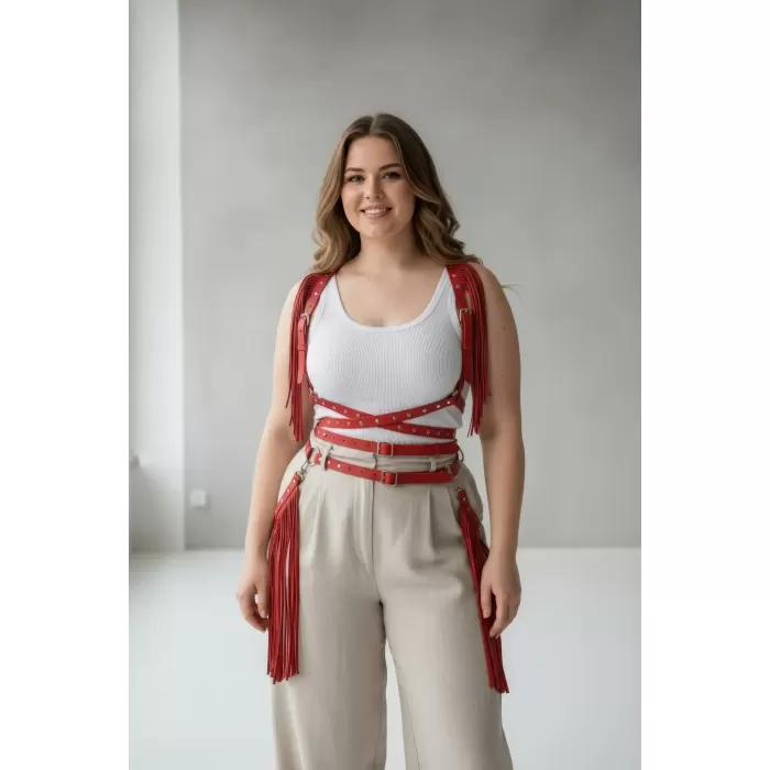 Büyük Beden Kırmızı Kadın Kemer Püskül Detaylı Deri Vücut Aksesuarı - APFT1005