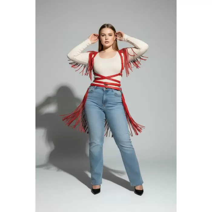 Büyük Beden Kırmızı Kadın Kemer Püskül Detaylı Deri Vücut Aksesuarı - APFT1005