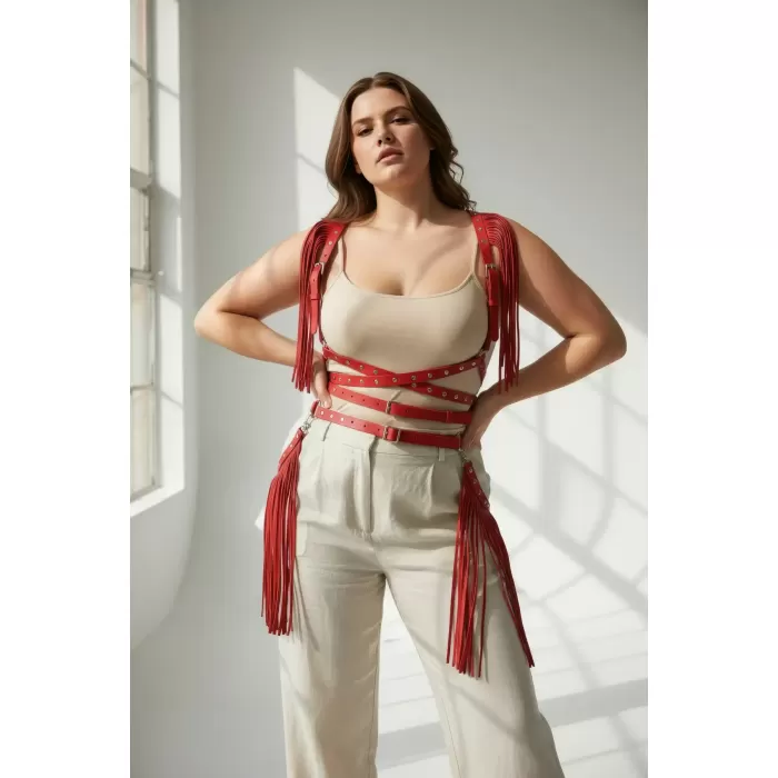 Büyük Beden Kırmızı Kadın Kemer Püskül Detaylı Deri Vücut Aksesuarı - APFT1005