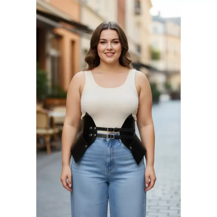 Büyük Beden Siyah Kadın Deri Korse Kemer Kombin Tamamlayıcı - APFT1010