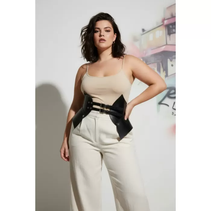 Büyük Beden Siyah Kadın Deri Korse Kemer Kombin Tamamlayıcı - APFT1010