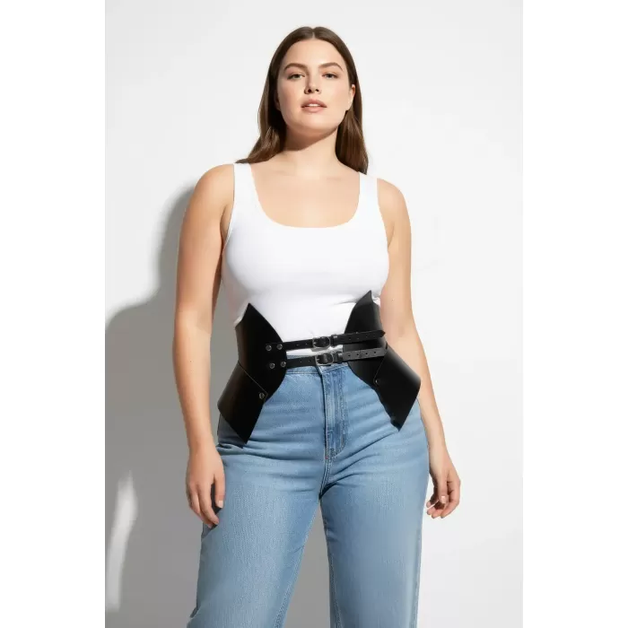 Büyük Beden Siyah Kadın Deri Korse Kemer Kombin Tamamlayıcı - APFT1010