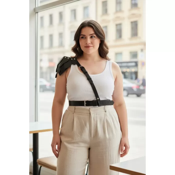 Büyük Beden Siyah Kadın Kemer, Omuz Harness Detaylı Hakiki Deri Kombin Aksesuarı - APFT1033
