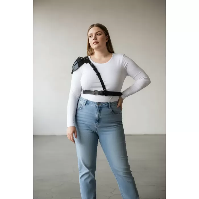 Büyük Beden Siyah Kadın Kemer, Omuz Harness Detaylı Hakiki Deri Kombin Aksesuarı - APFT1033