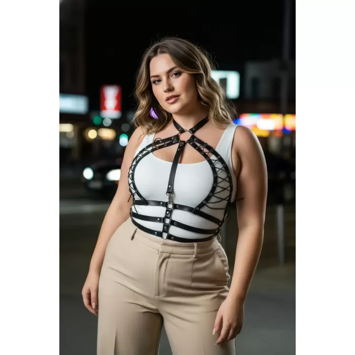 Büyük Beden Siyah Kadın Kemer Bağcıklı Korse Tarzı Deri Harness - APFT1077