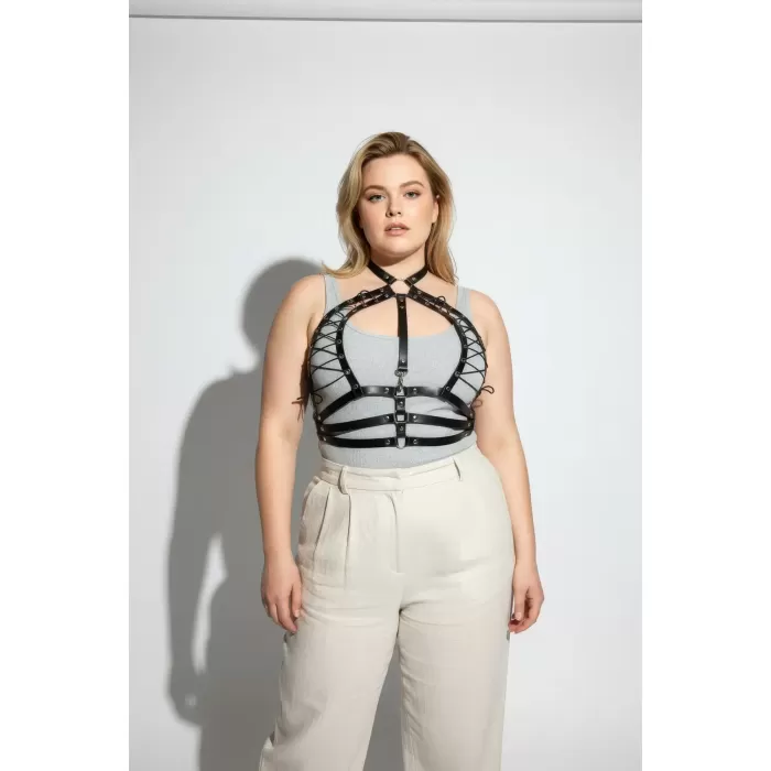 Büyük Beden Siyah Kadın Kemer Bağcıklı Korse Tarzı Deri Harness - APFT1077