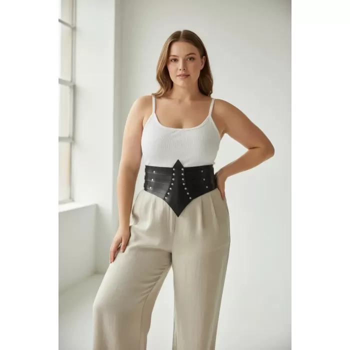 Büyük Beden Siyah Kadın Kemer Zımba Detaylı Geniş Korsaj Tasarım - APFT1087