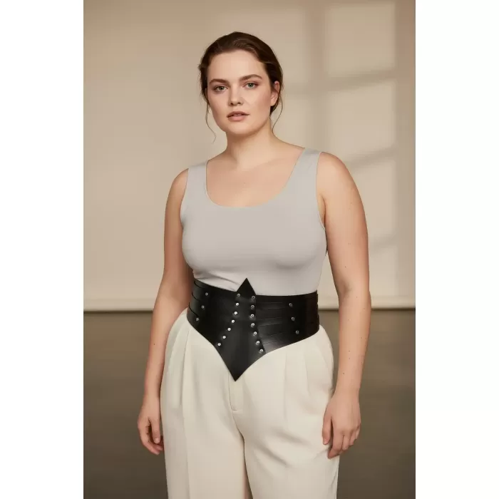 Büyük Beden Siyah Kadın Kemer Zımba Detaylı Geniş Korsaj Tasarım - APFT1087