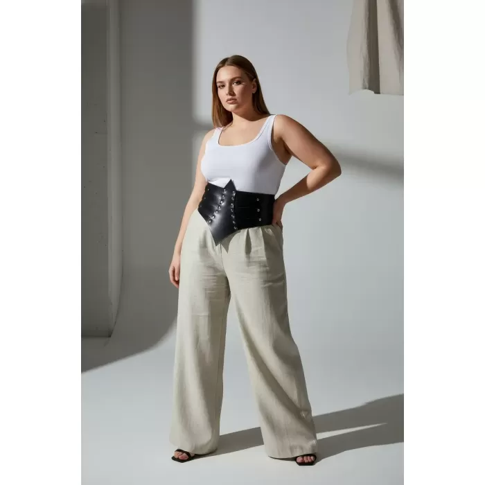 Büyük Beden Siyah Kadın Kemer Zımba Detaylı Geniş Korsaj Tasarım - APFT1087