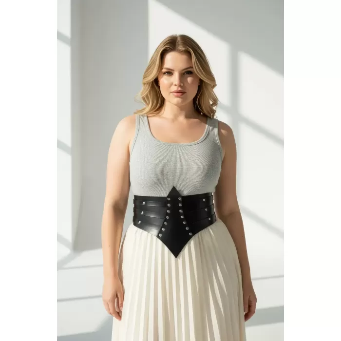 Büyük Beden Siyah Kadın Kemer Zımba Detaylı Geniş Korsaj Tasarım - APFT1087