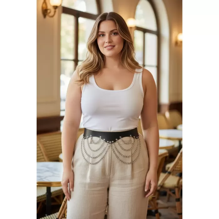 Büyük Beden Siyah Kadın Geniş Deri Kemer Zincir Detaylı - APFT1096