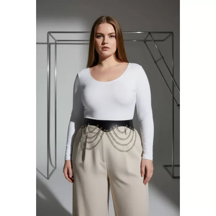 Büyük Beden Siyah Kadın Geniş Deri Kemer Zincir Detaylı - APFT1096