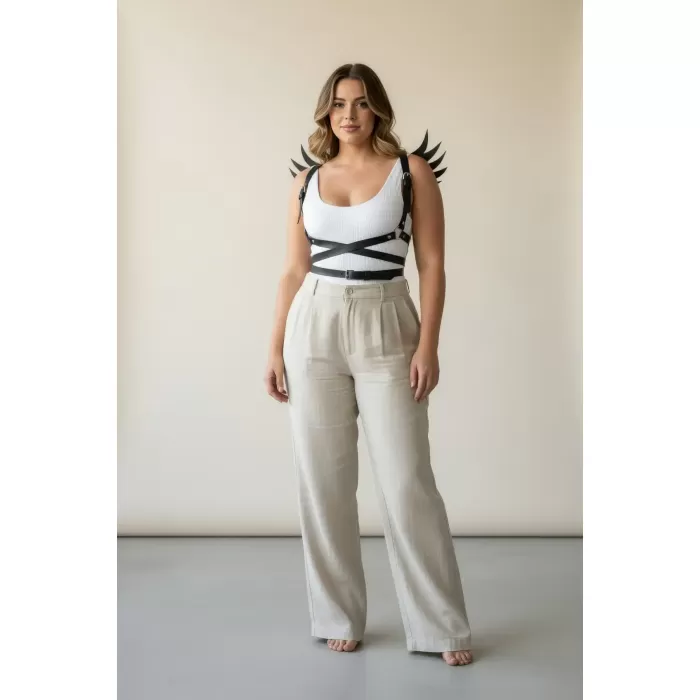 Büyük Beden Siyah Kadın Kemer Kanat Detaylı Deri Harness Vücut Aksesuarı - APFT1097