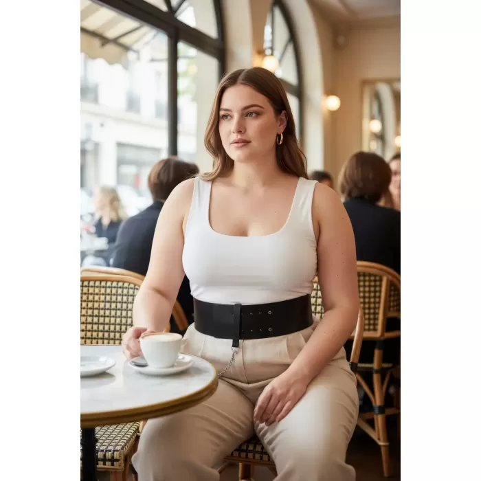 Büyük Beden Siyah Kadın Kemer Korse Model Zincir Detaylı - APFT1117