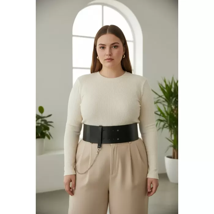 Büyük Beden Siyah Kadın Kemer Korse Model Zincir Detaylı - APFT1117