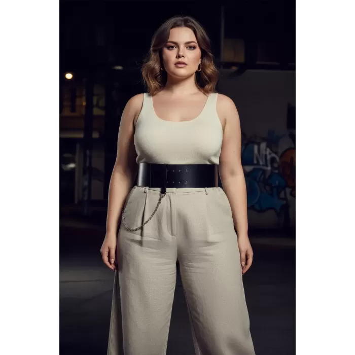 Büyük Beden Siyah Kadın Kemer Korse Model Zincir Detaylı - APFT1117