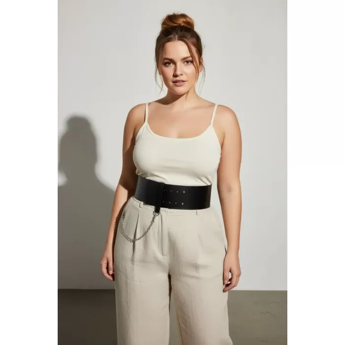 Büyük Beden Siyah Kadın Kemer Korse Model Zincir Detaylı - APFT1117