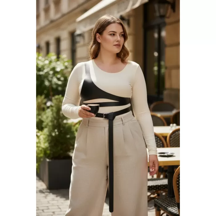 Büyük Beden Siyah Kadın Kemer Harness Detaylı Vücut Aksesuarı - APFT1120