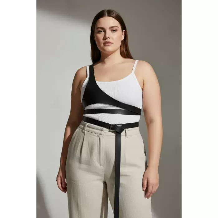 Büyük Beden Siyah Kadın Kemer Harness Detaylı Vücut Aksesuarı - APFT1120