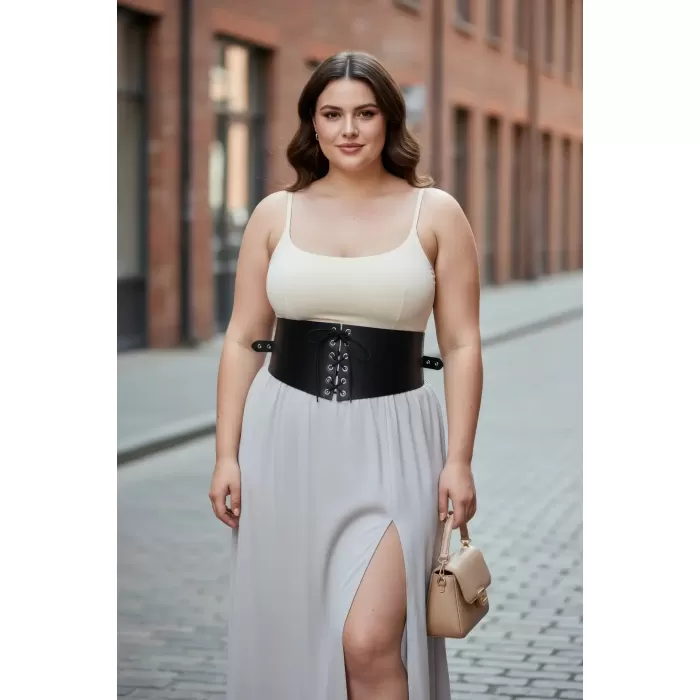 Büyük Beden Siyah Kadın Kemer Bağcıklı Korse Detaylı Elbise Kombin - APFT1127