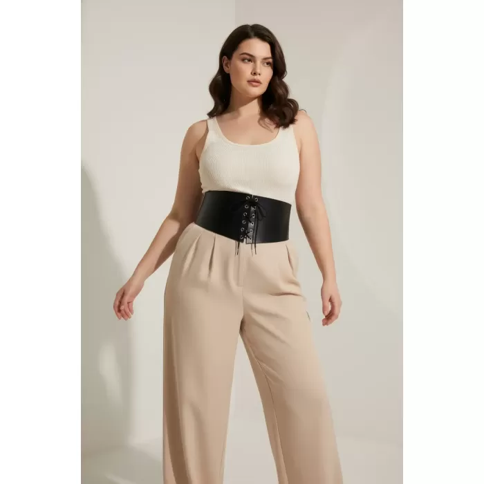 Büyük Beden Siyah Kadın Kemer Bağcıklı Korse Detaylı Elbise Kombin - APFT1127