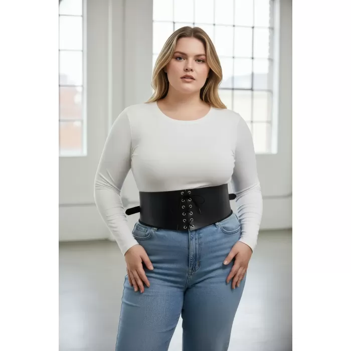 Büyük Beden Siyah Kadın Kemer Bağcıklı Korse Detaylı Elbise Kombin - APFT1127