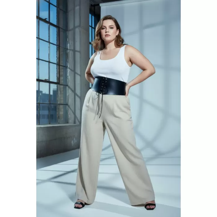 Büyük Beden Siyah Kadın Kemer Bağcıklı Korse Detaylı Elbise Kombin - APFT1127