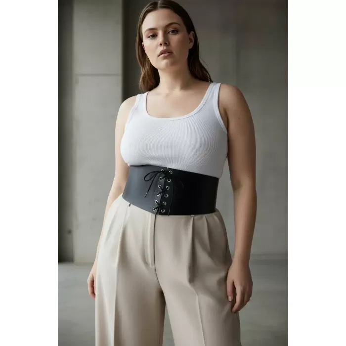 Büyük Beden Siyah Kadın Kemer Bağcıklı Korse Detaylı Elbise Kombin - APFT1127