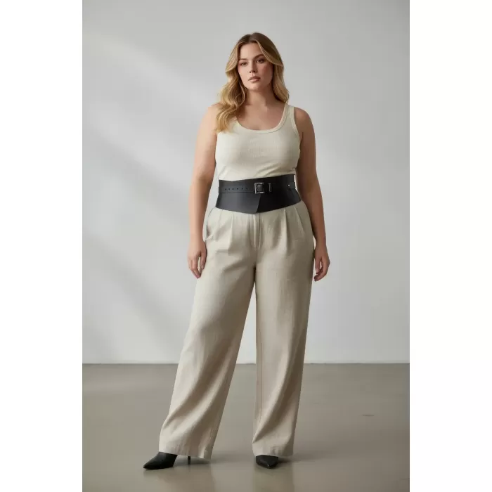 Büyük Beden Siyah Kadın Kemer Geniş Kesimli Korsaj Elbise Üstü - APFT1128