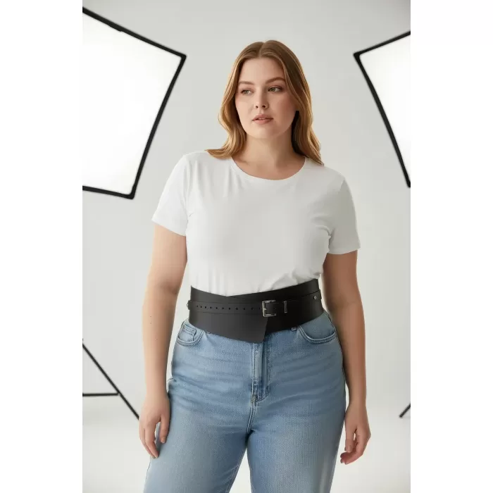 Büyük Beden Siyah Kadın Kemer Geniş Kesimli Korsaj Elbise Üstü - APFT1128