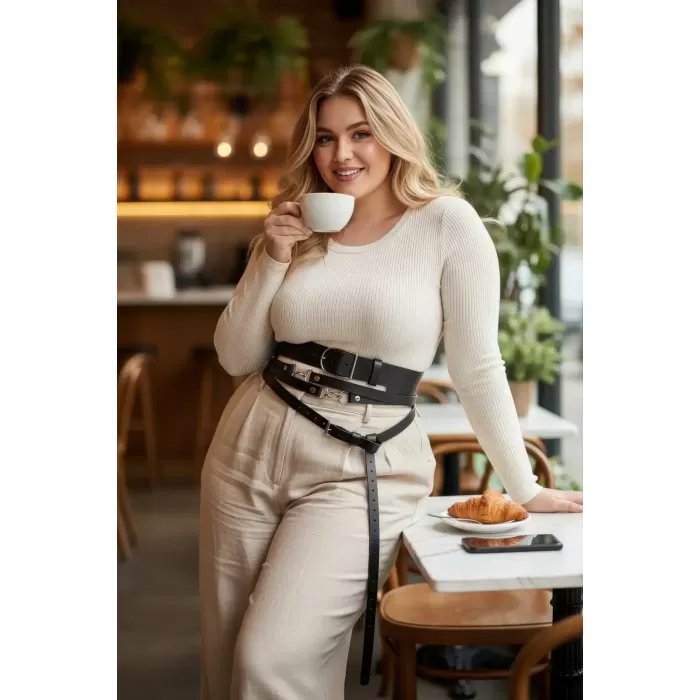 Büyük Beden Siyah Kadın Kemer Korse Görünümlü Çok Katmanlı Tokalı - APFT1129