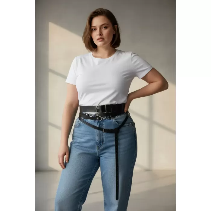 Büyük Beden Siyah Kadın Kemer Korse Görünümlü Çok Katmanlı Tokalı - APFT1129