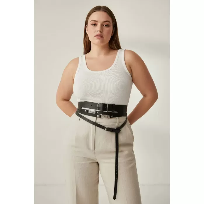 Büyük Beden Siyah Kadın Kemer Korse Görünümlü Çok Katmanlı Tokalı - APFT1129