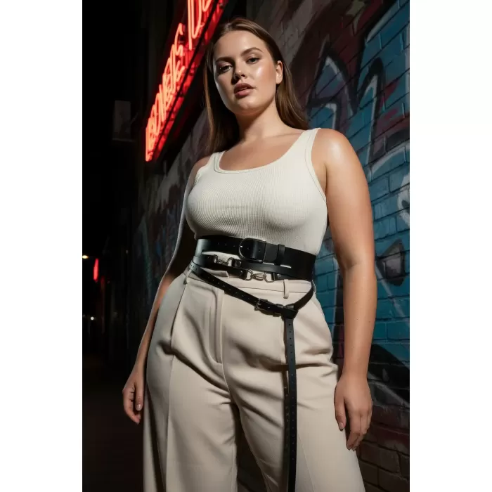 Büyük Beden Siyah Kadın Kemer Korse Görünümlü Çok Katmanlı Tokalı - APFT1129