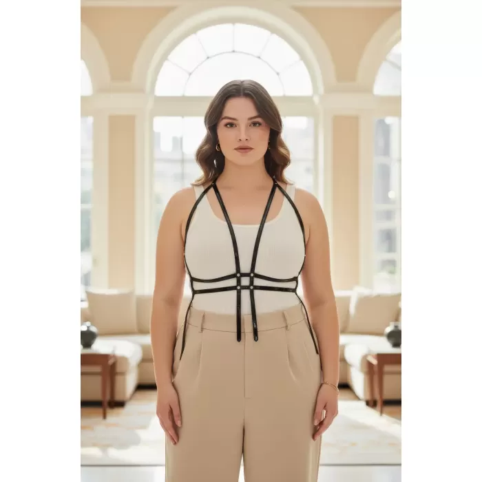 Büyük Beden Siyah Kadın Kemer Korse Tarzı Deri Vücut Aksesuarı - APFT1137