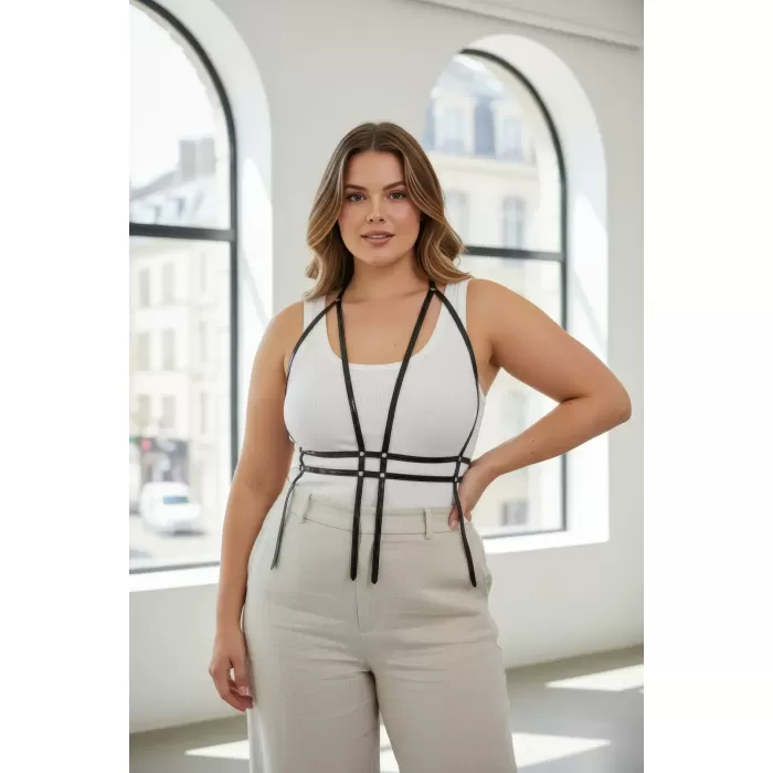Büyük Beden Siyah Kadın Kemer Korse Tarzı Deri Vücut Aksesuarı - APFT1137