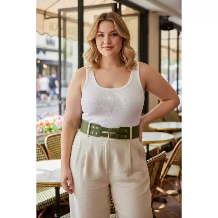 Büyük Beden Haki Kadın Kemer, Geniş Formlu Çift Tokalı Kombin Tamamlayıcı - APFT1203