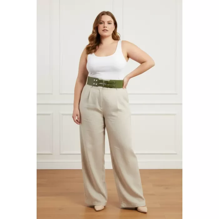 Büyük Beden Haki Kadın Kemer, Geniş Formlu Çift Tokalı Kombin Tamamlayıcı - APFT1203