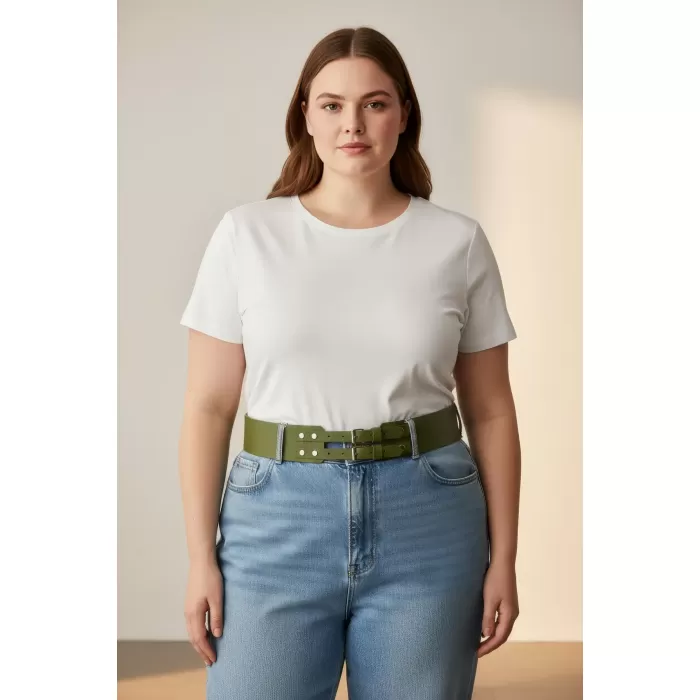 Büyük Beden Haki Kadın Kemer, Geniş Formlu Çift Tokalı Kombin Tamamlayıcı - APFT1203