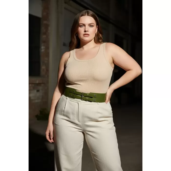 Büyük Beden Haki Kadın Kemer, Geniş Formlu Çift Tokalı Kombin Tamamlayıcı - APFT1203